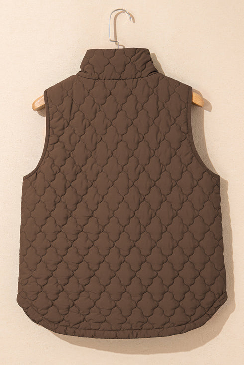 Stand Collar Flower Quilted Snap Button Zip Vests